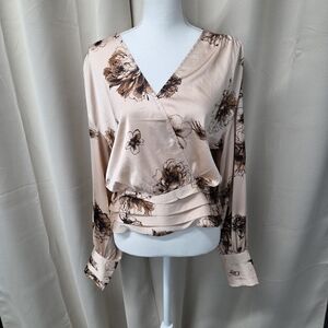 NWT Express Floral Wrap Blouse - Cream and Brown